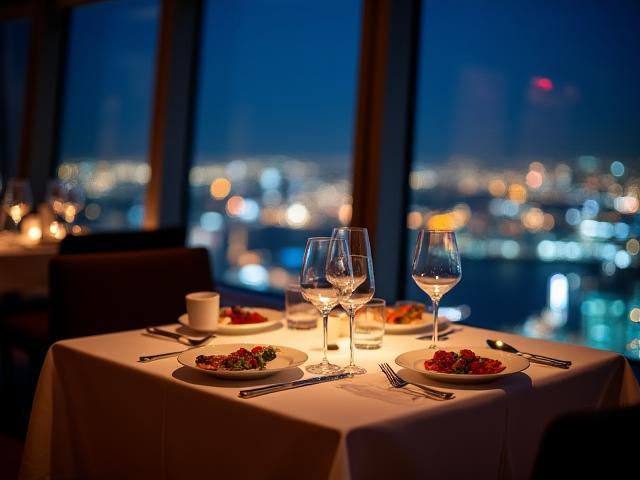 Elegant table setting at the 360 Restaurant with panoramic nighttime city views