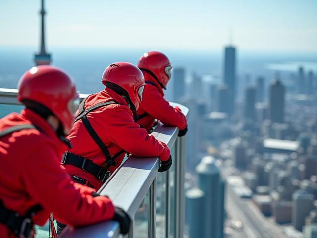Group of people in red suits participating in the EdgeWalk attraction high above Toronto