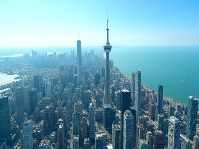 Stunning panoramic view of Toronto cityscape from the CN Tower Observation Deck during the day