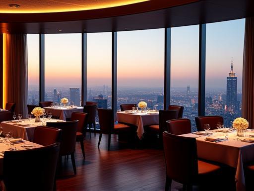Elegant interior of the 360 Restaurant with guests enjoying meals and panoramic window views