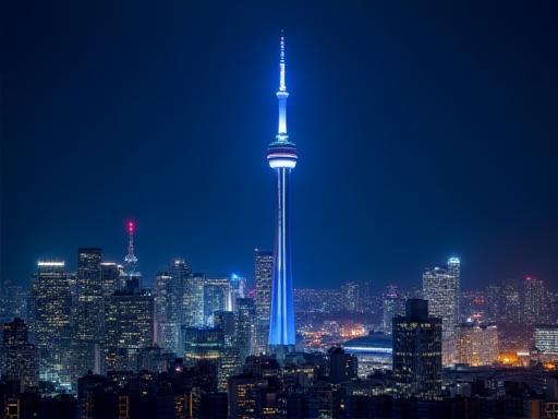 CN Tower brilliantly illuminated at night with the vibrant lights of Toronto below