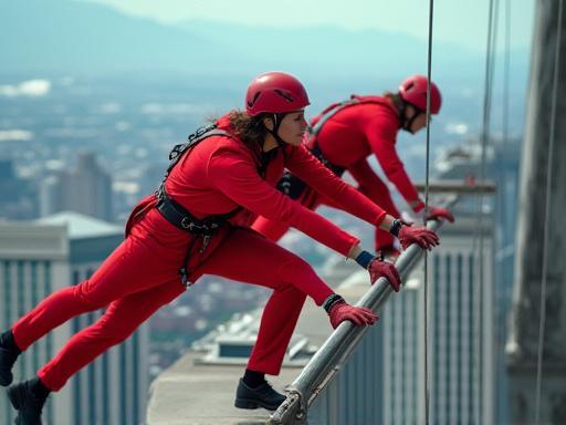 Thrilled participants in red suits leaning out during the EdgeWalk experience