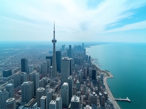 Breathtaking panoramic cityscape of Toronto as seen from the CN Tower observation deck